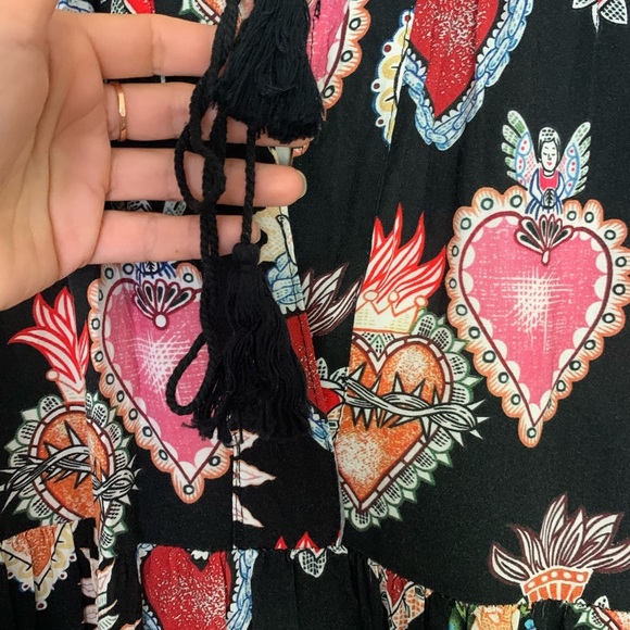 Vintage Heart Angel Print Religious Babydoll Boho Midi Dress Black Red Pink S-L - Picture 11 of 15